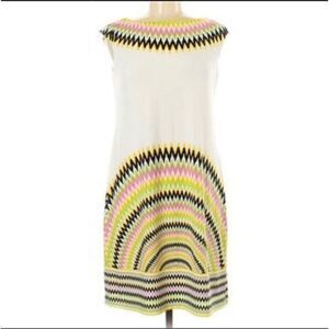Cap Sleeve Sheath Dress. White with multicolor dopamine zigzag details, 2